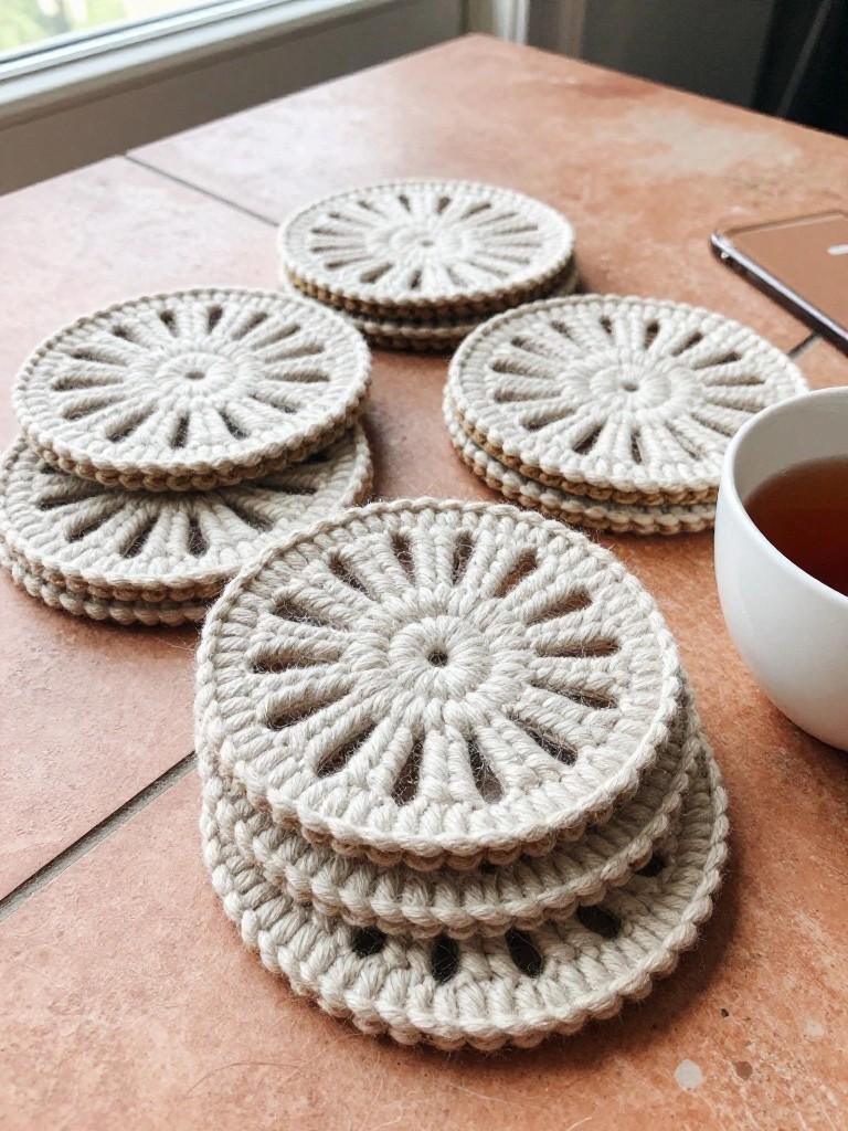 Stacks of beige crocheted coasters on tiled countertop beside white tea cup