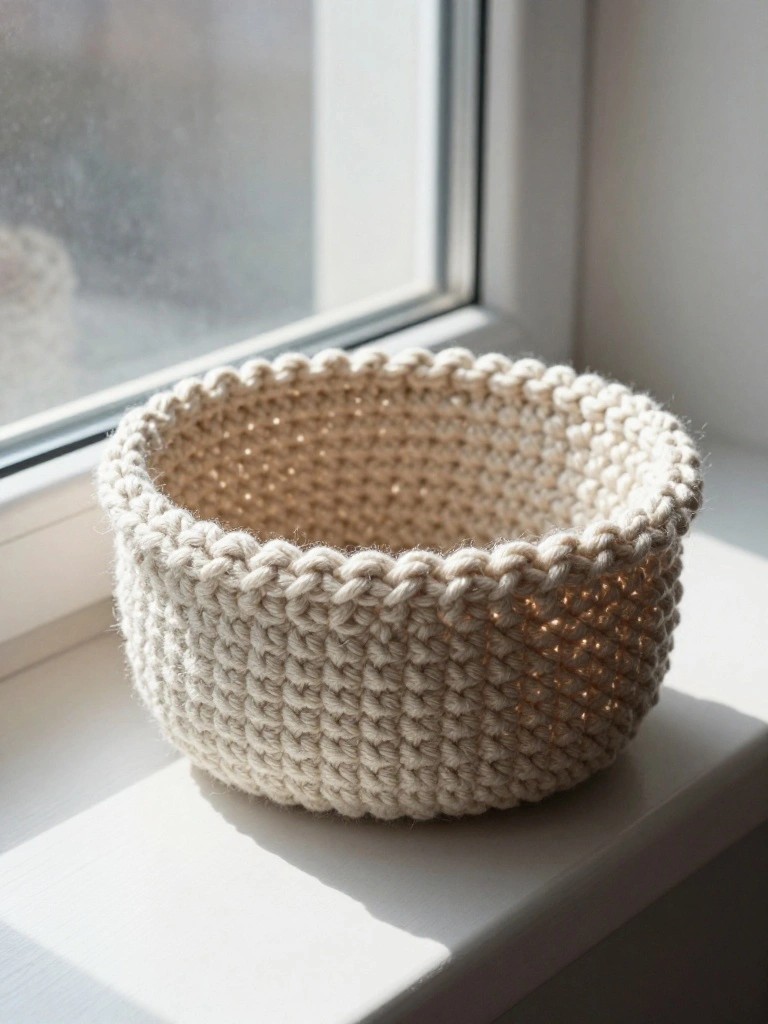 A round off-white crocheted basket sits on a white windowsill.