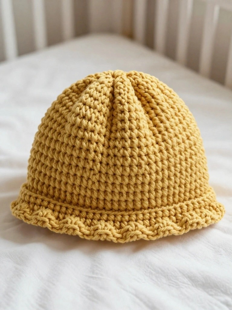 Yellow knitted hat with scalloped brim on white fabric near crib bars