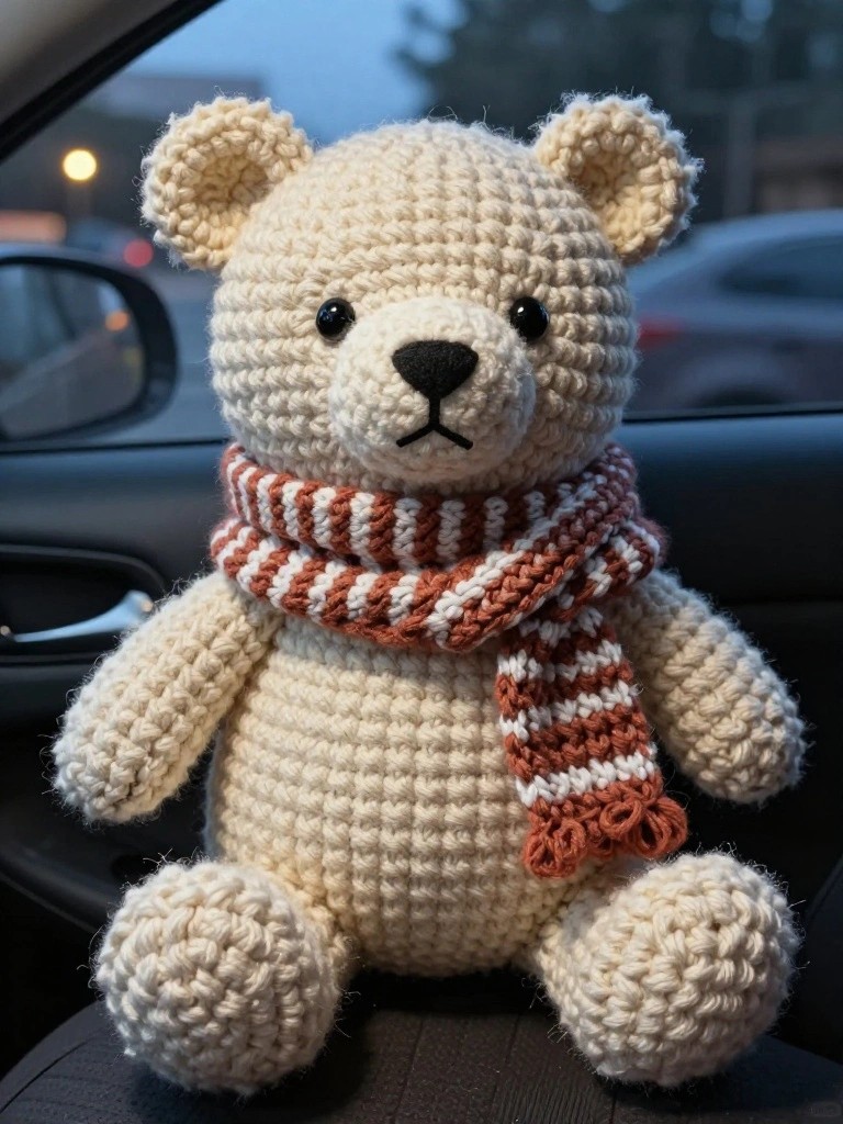Crocheted cream teddy bear with brown striped scarf seated in a car.