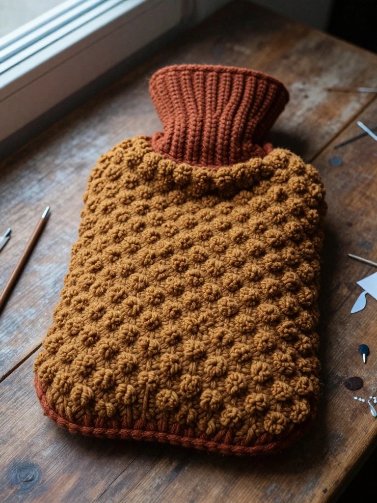 A mustard-yellow crocheted hot water bottle cover with bobble texture and a rust ribbed neck sits on a wooden table.