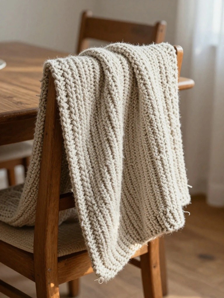 Chunky beige knit blanket draped over wooden dining chair in bright room