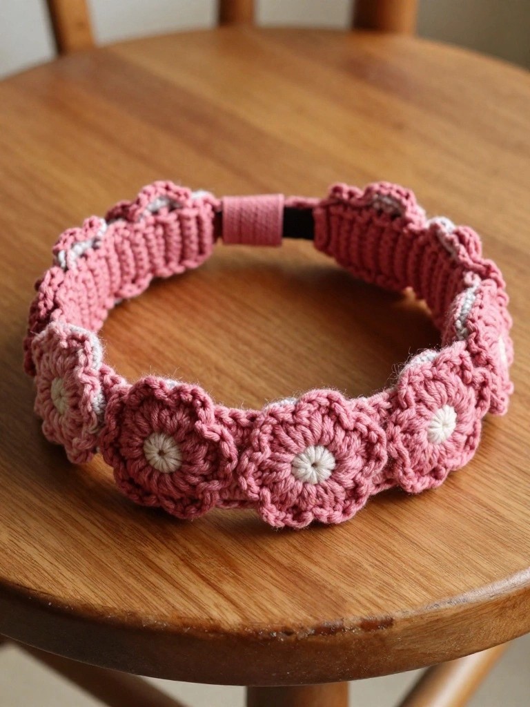 A pink crocheted headband with flower motifs and an elastic back closure rests on a wooden surface.