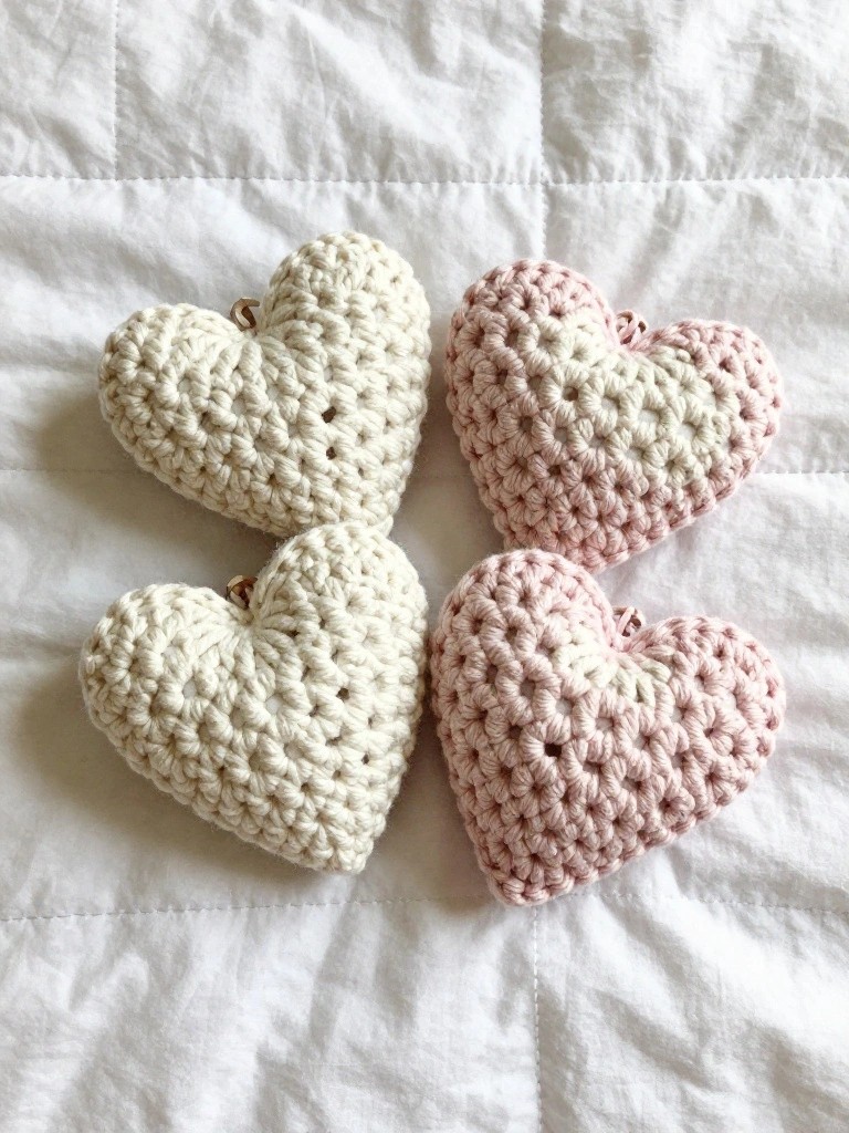 Four crocheted heart keychains in cream and pink yarn with metal clasps rest on a white quilted background.