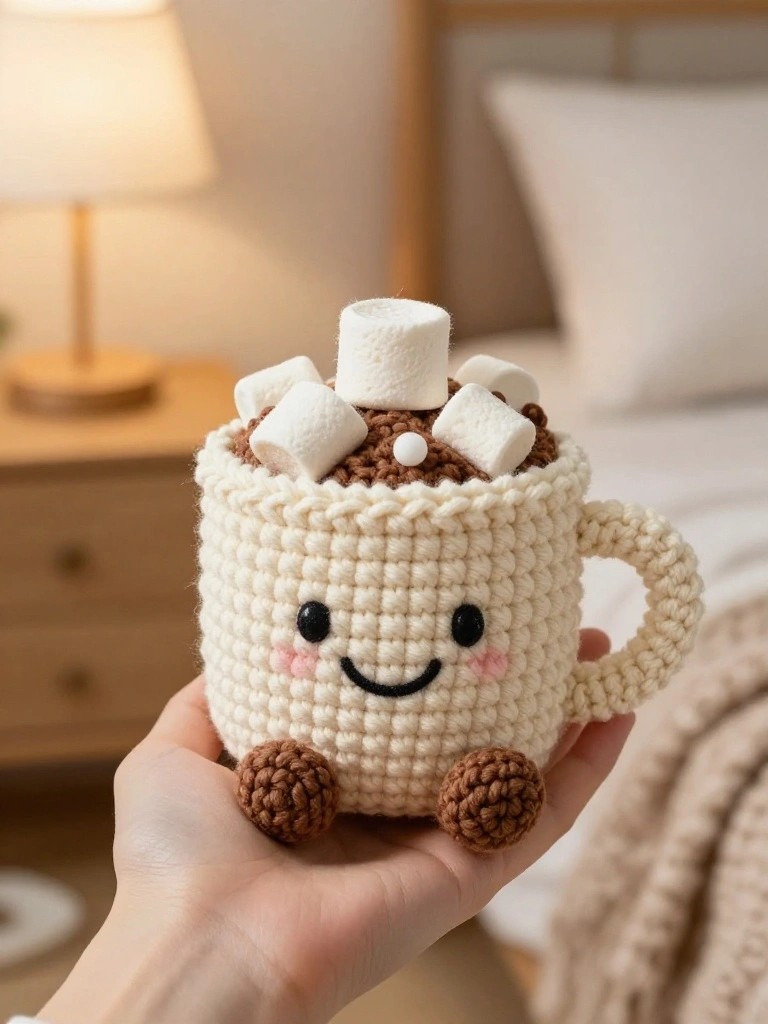 Hand holding crocheted white mug plush with smiling face, marshmallows, and brown feet