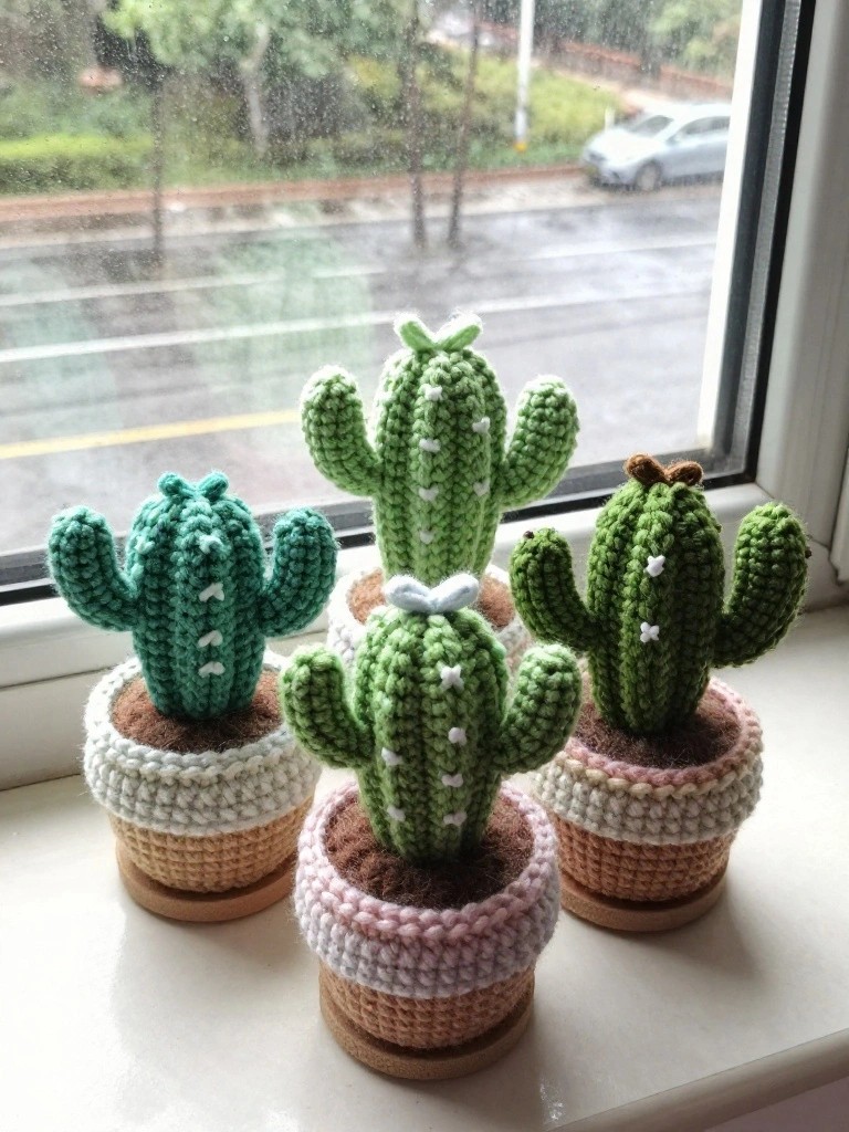 Three small crocheted cacti in striped pots on a windowsill.