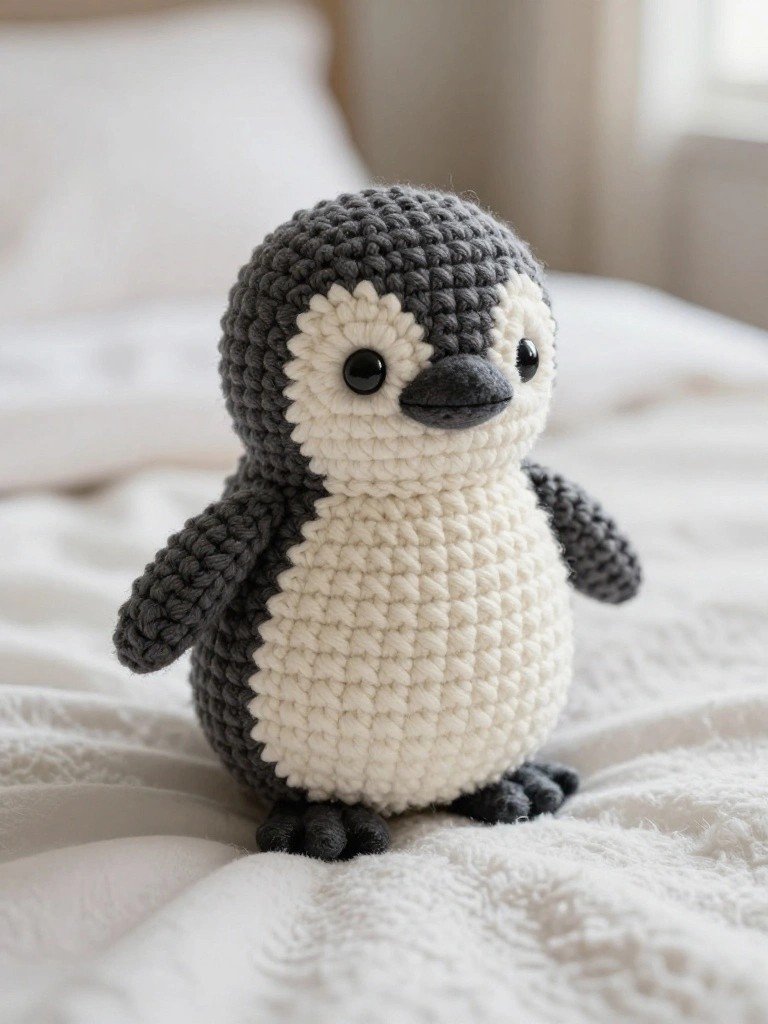 A small crocheted penguin toy with gray and white sections sits on a white blanket.