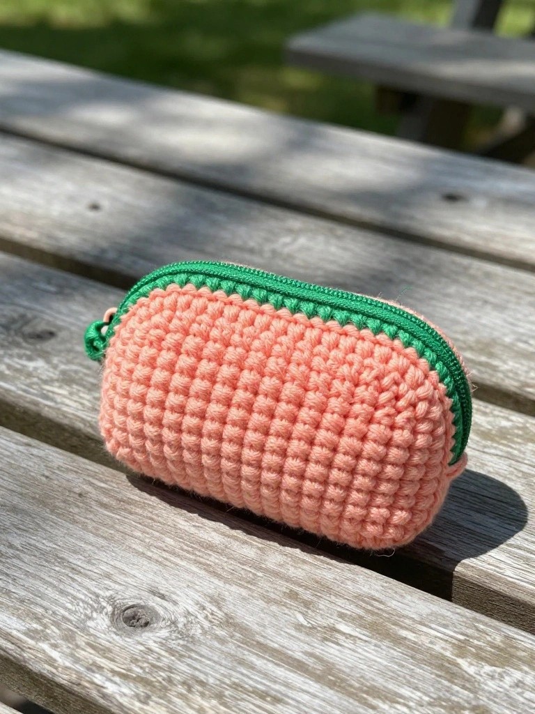 Peach crocheted pouch with green zipper on weathered wooden bench
