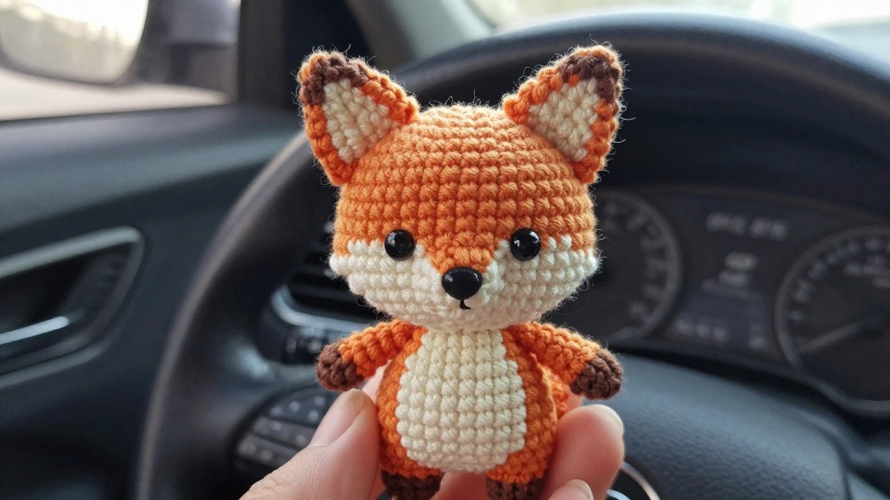 A small crocheted orange fox plushie with white belly and muzzle, black eyes and nose, and brown ear and paw accents held in a hand inside a car.