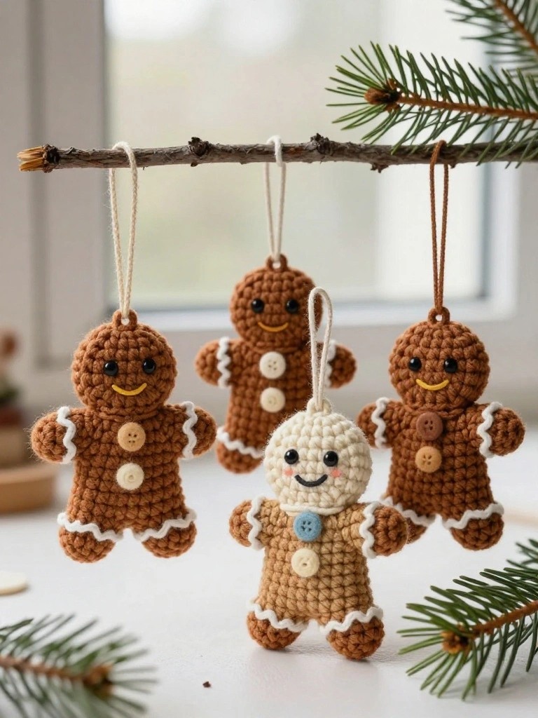 Four crocheted gingerbread figures hang from a branch, one lighter in color than the others.