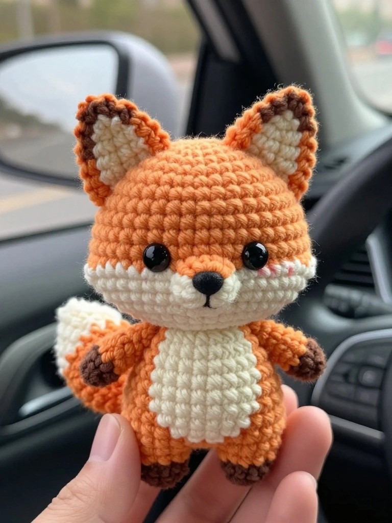 A small crocheted orange fox plushie with white belly and muzzle, black eyes and nose, and brown ear and paw accents held in a hand inside a car.