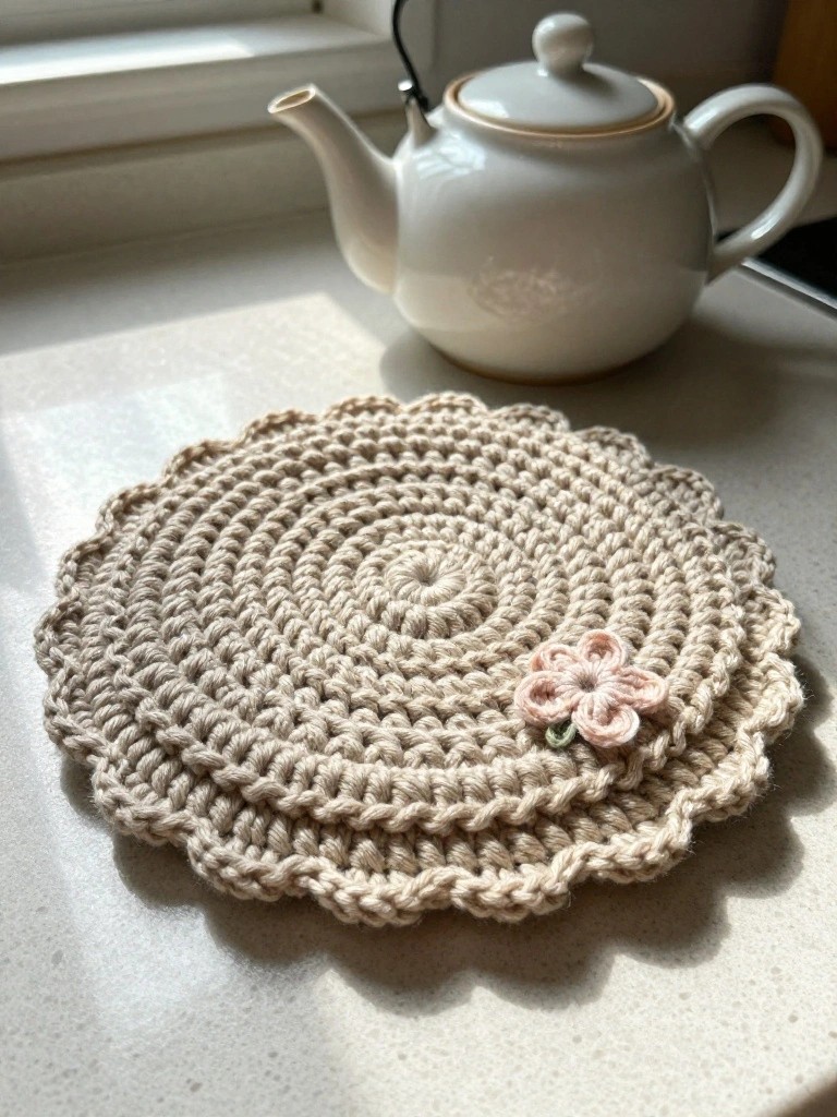 Beige crocheted doily with pink flower beside white teapot on countertop.