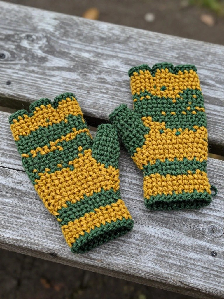 Green and yellow striped knitted fingerless gloves on weathered wooden bench