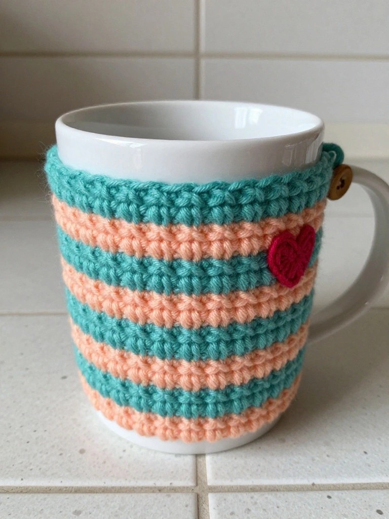 White mug with teal-peach striped crochet cozy and red heart applique.