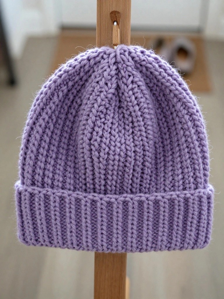 Purple knitted beanie with ribbed cuff on wooden display hook