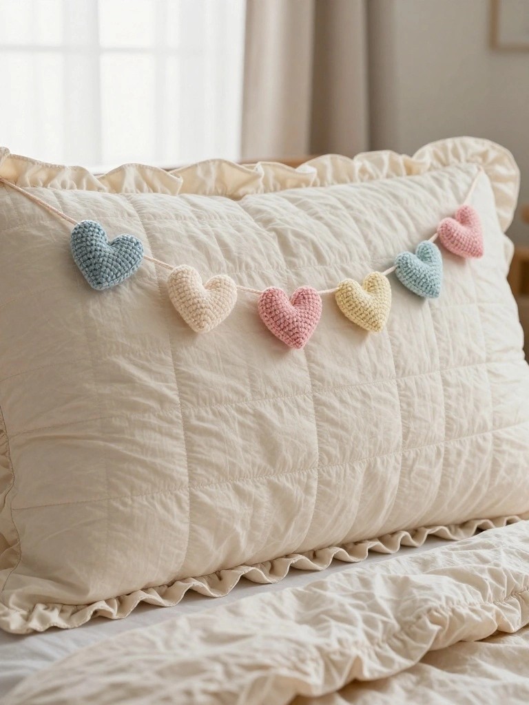 Pastel crocheted heart garland draped over cream quilted ruffled pillow.