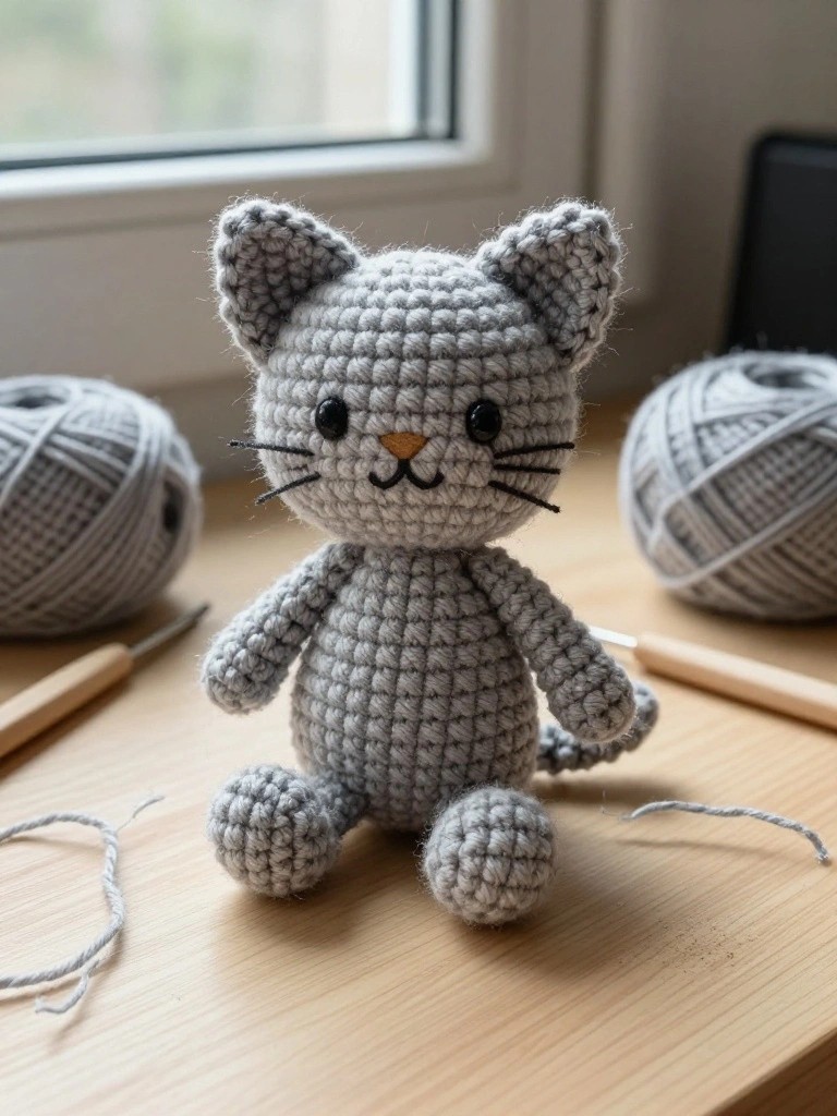 Gray crocheted cat amigurumi with yarn balls and hooks on wooden table