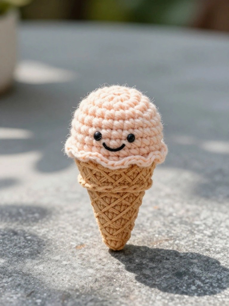 A small crocheted ice cream cone with a peach scoop and tan cone sits on a gray surface, showing a simple embroidered face.