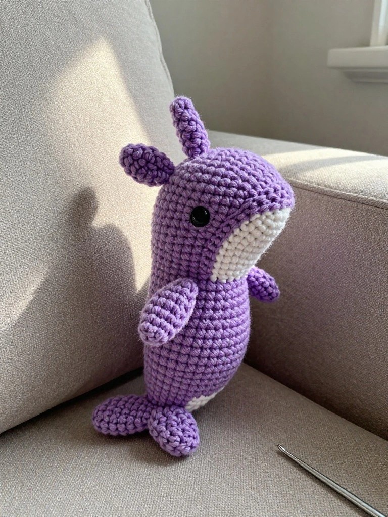 Purple crocheted narwhal toy on beige couch beside metal hook.