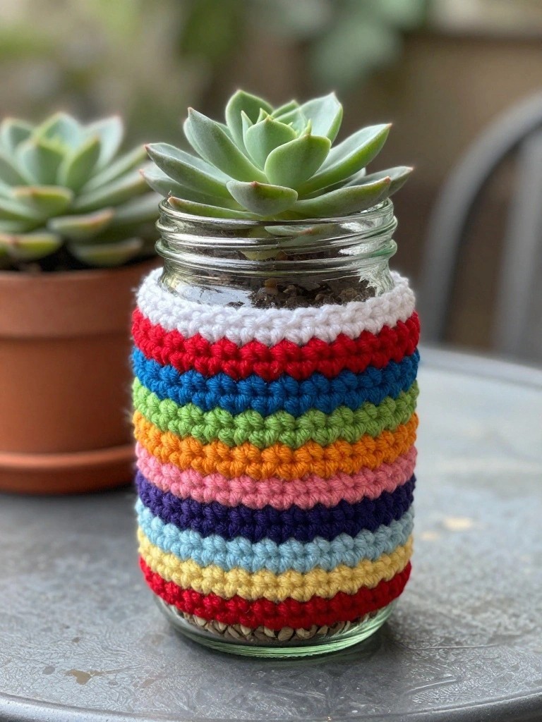 Glass mason jar with rainbow striped crochet cover holding a green succulent on a metal surface.