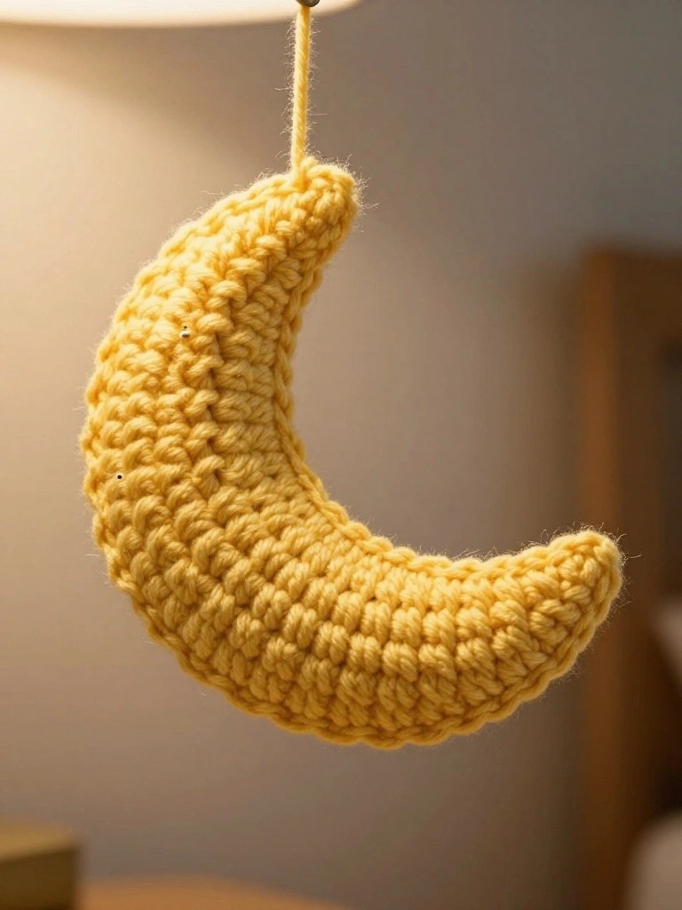 Yellow crocheted crescent moon with eyes hanging from yellow string.