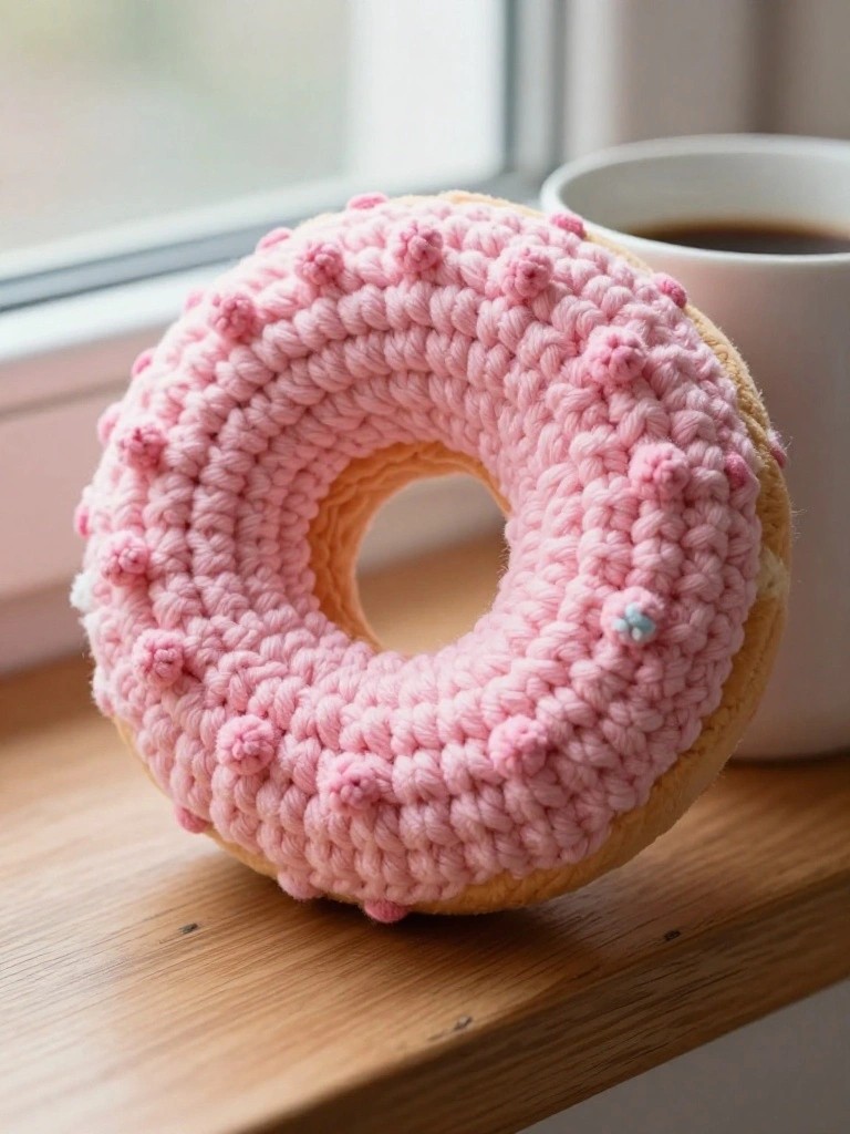 Pink crocheted donut with sprinkles on wooden windowsill beside coffee mug.