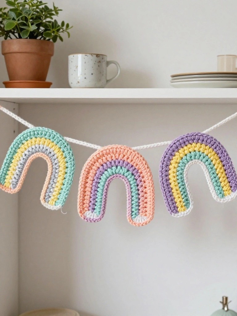 Pastel crocheted rainbow garland with three arches on white shelf
