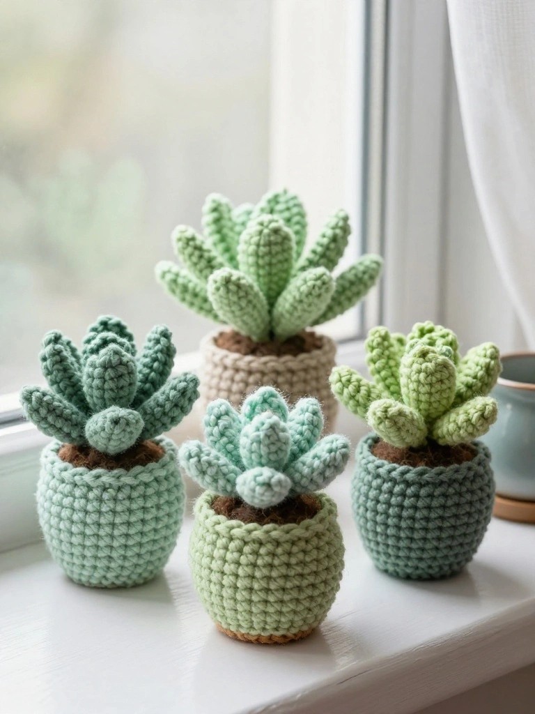 Three crocheted succulents in pastel pots on a white windowsill.