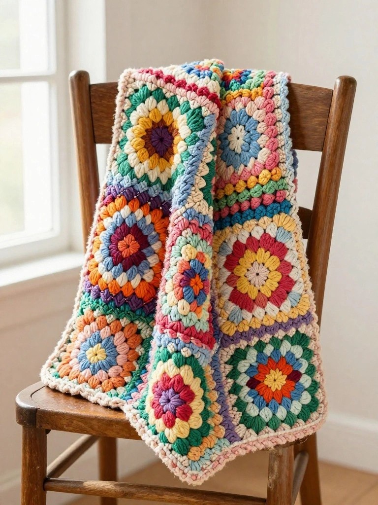 Vibrant crocheted granny square blanket draped over a wooden chair.