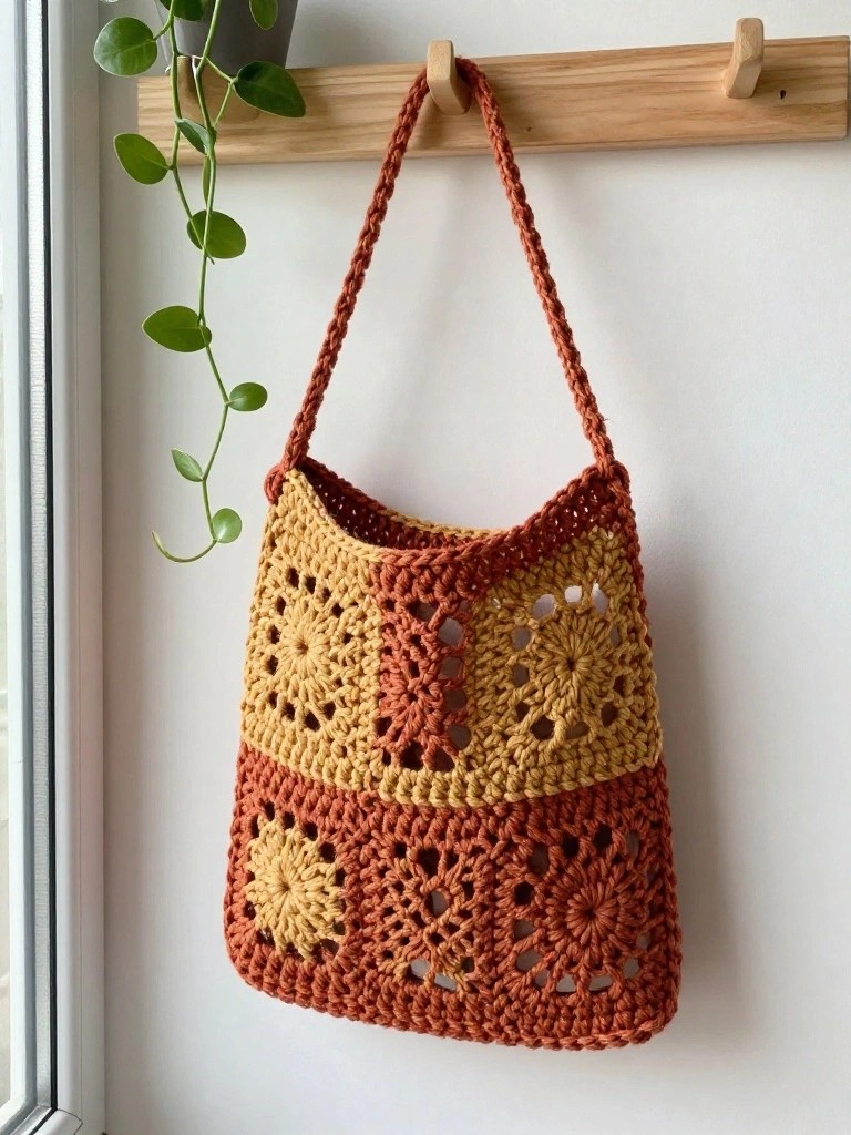 A crocheted shoulder bag made from orange and yellow granny squares hangs on a wooden hook.