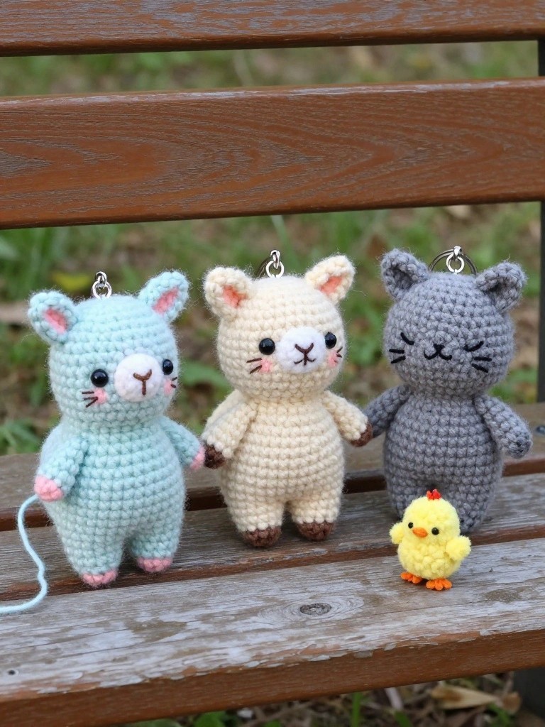 Three small crocheted cats in blue, beige, and gray stand beside a tiny yellow chick on a wooden bench.