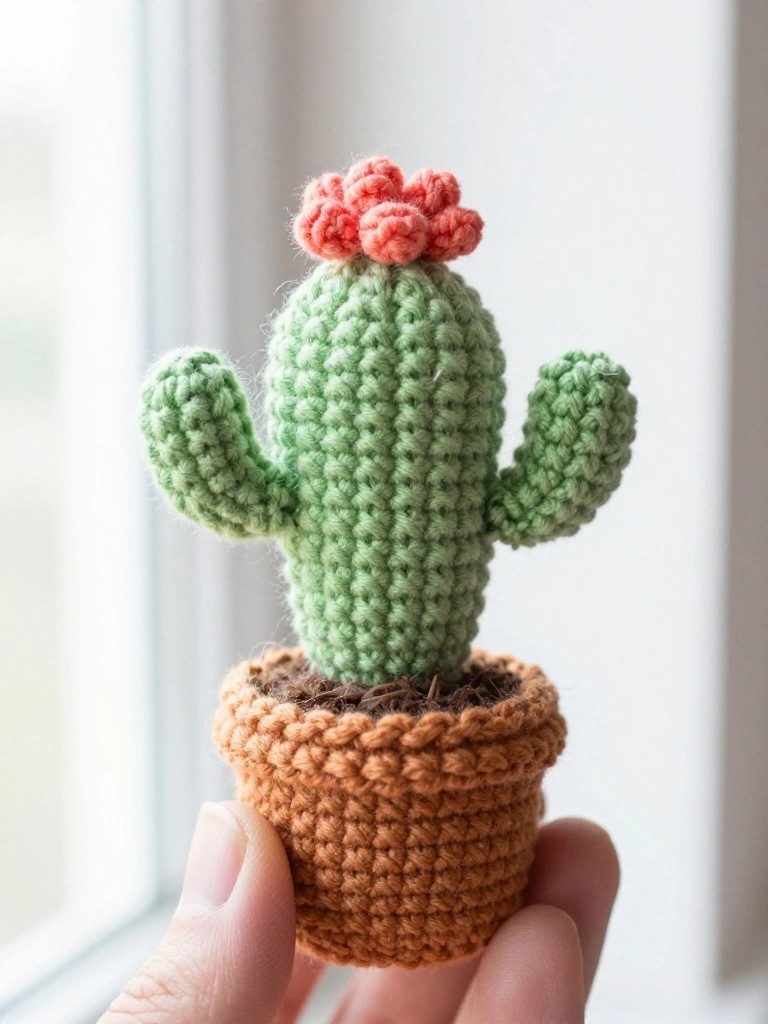 A hand holds a small crocheted green cactus with two arms and a pink flower on top inside a brown crocheted pot.