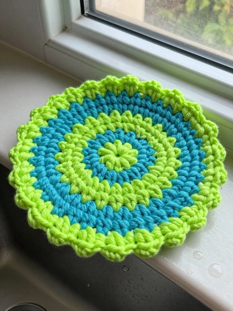 Crocheted round mat with lime green and blue concentric patterns on windowsill