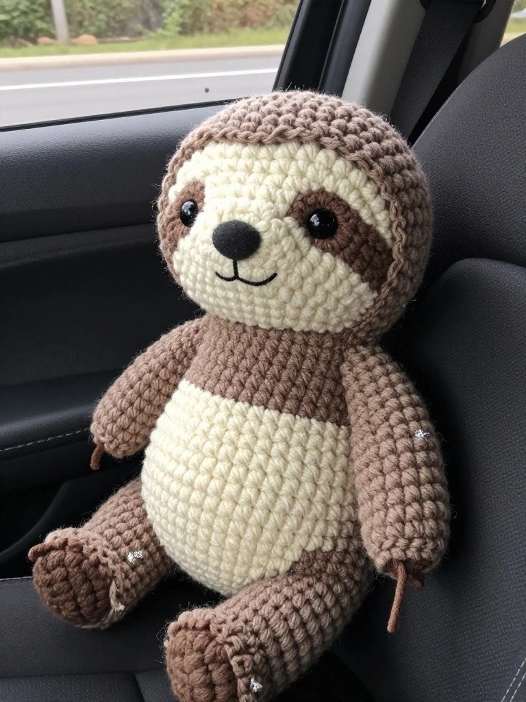 A crocheted sloth plush with brown and cream sections sits on a car seat.