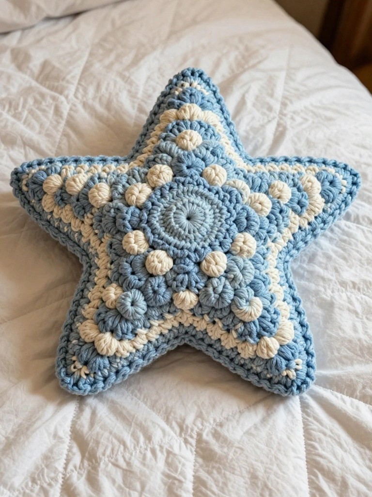 Blue and white crocheted star pillow on quilted white bed.