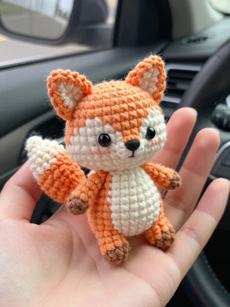 A small orange and white crocheted fox toy rests in an open hand.