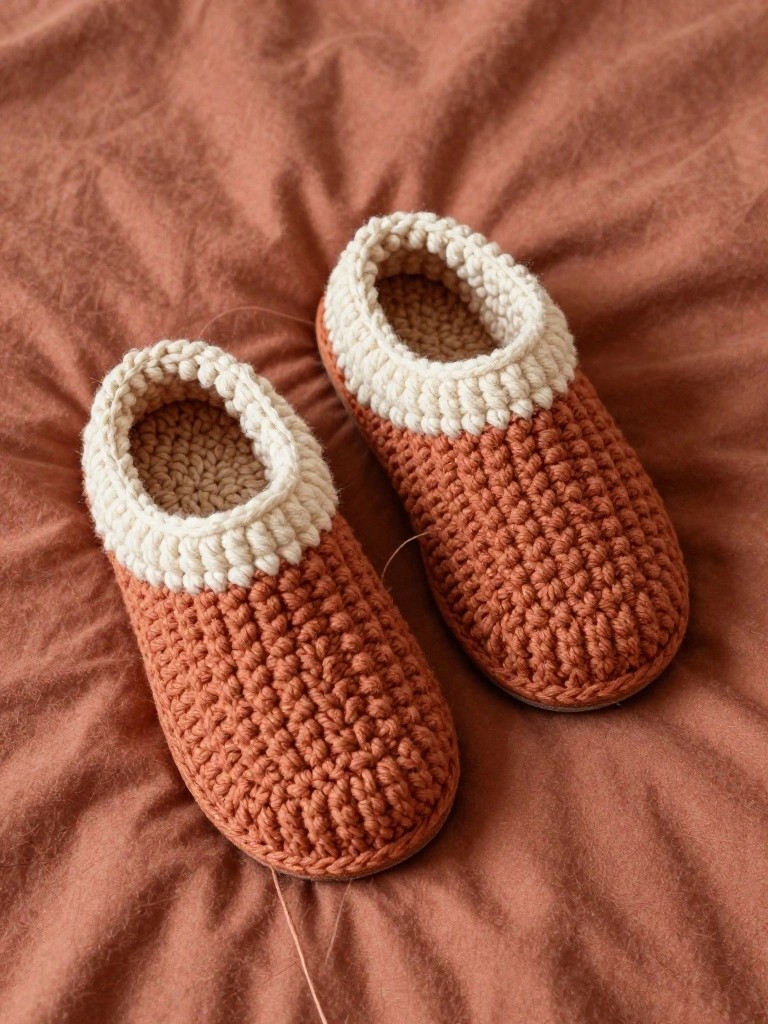 Pair of brown crocheted slippers with white cuffs on rust fabric