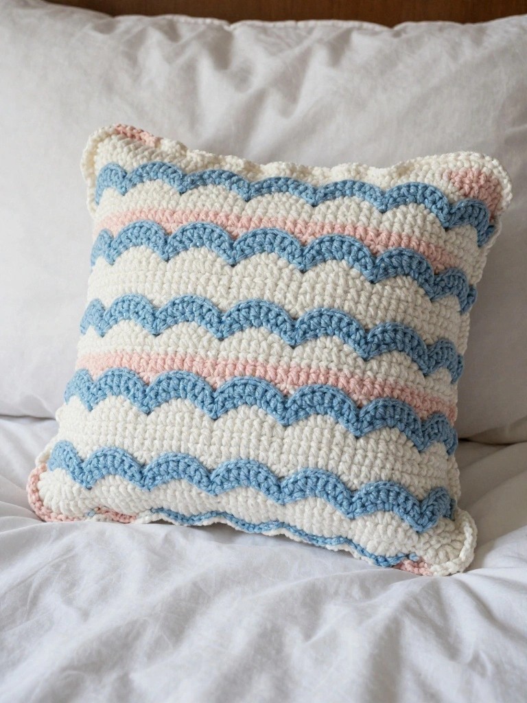 Crocheted pillow with white, blue, and pink wavy stripes on white bedding.