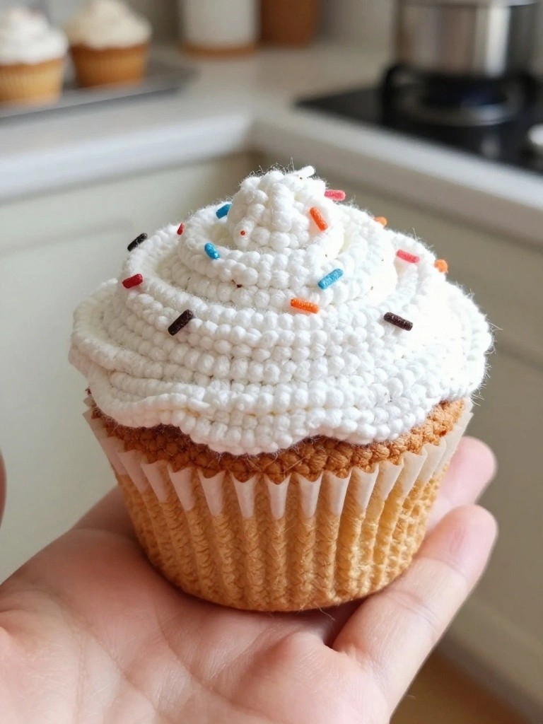 A hand holds a crocheted cupcake with white textured frosting, colorful sprinkles, and a brown base inside a paper liner.