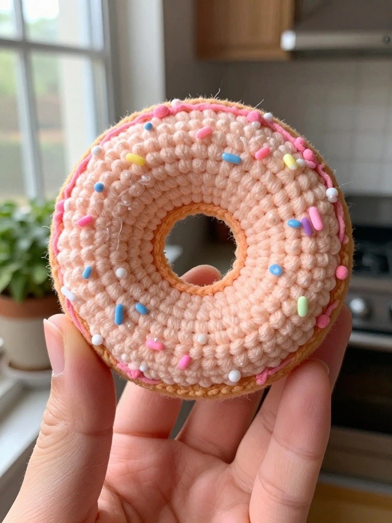 Hand holds crocheted peach donut with pink icing and colorful sprinkles.