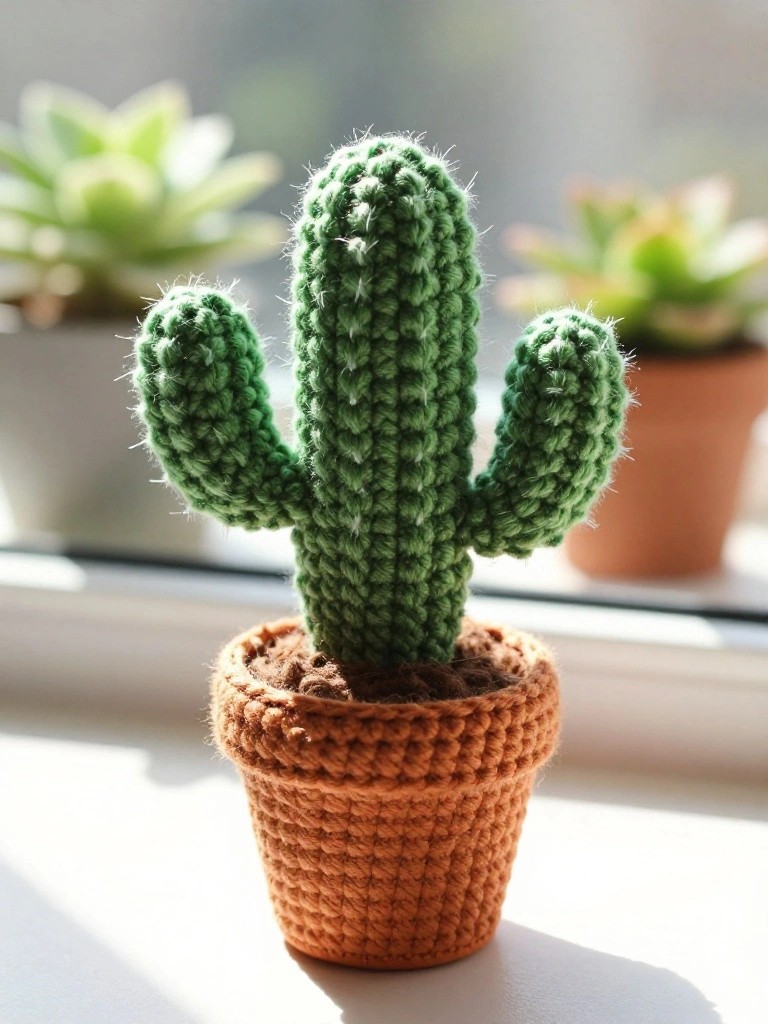 Green crocheted cactus with arms in brown yarn pot on sunny windowsill.
