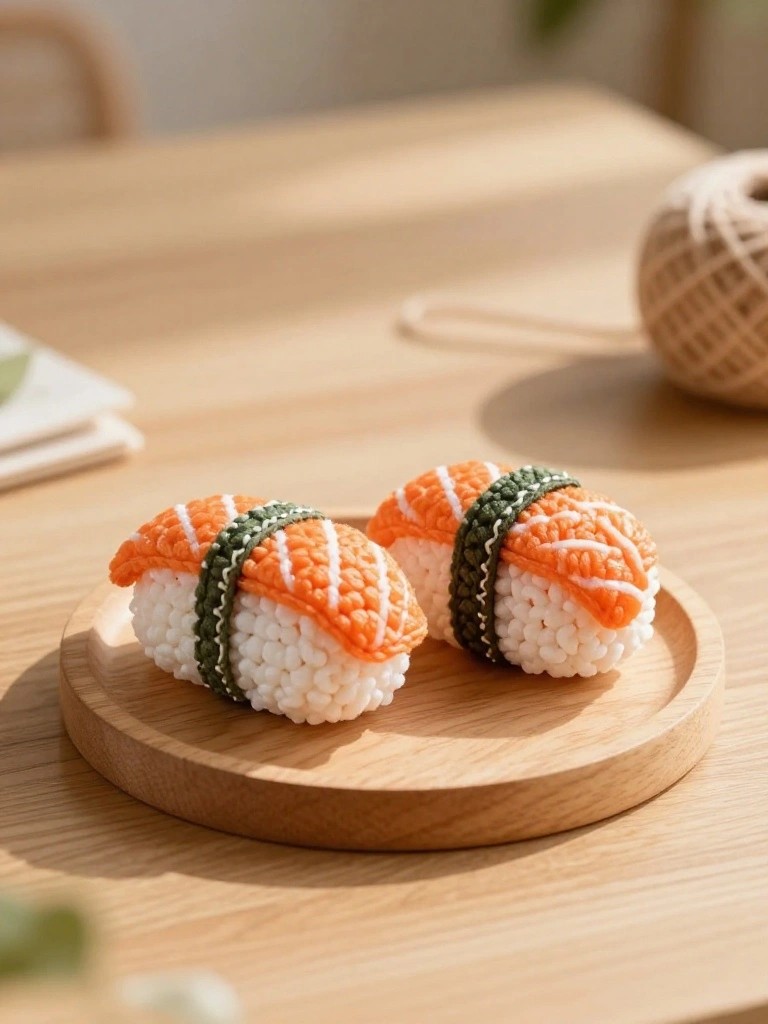 Two crocheted sushi on a round wooden plate atop a table