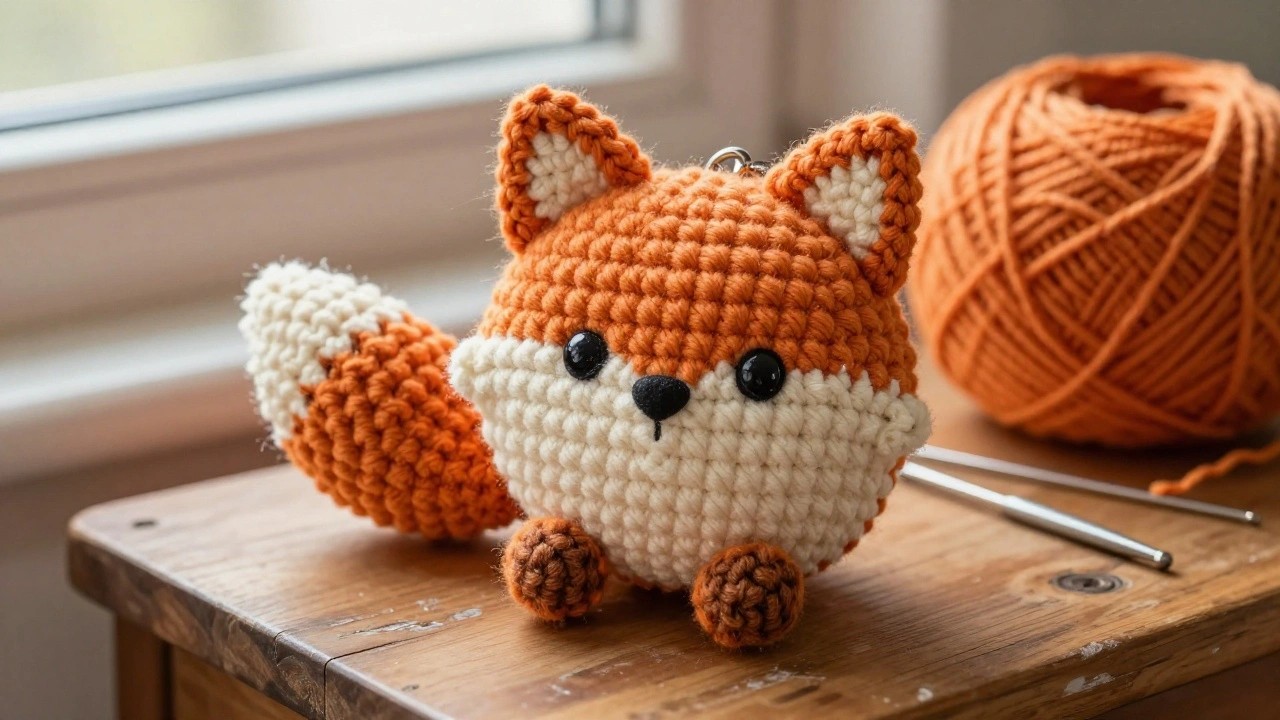 A small crocheted fox with orange, white, and brown yarn sits on a wooden table beside yarn balls and a crochet hook.