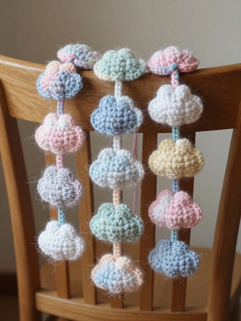 Pastel crocheted clouds dangling from the back of a wooden chair.