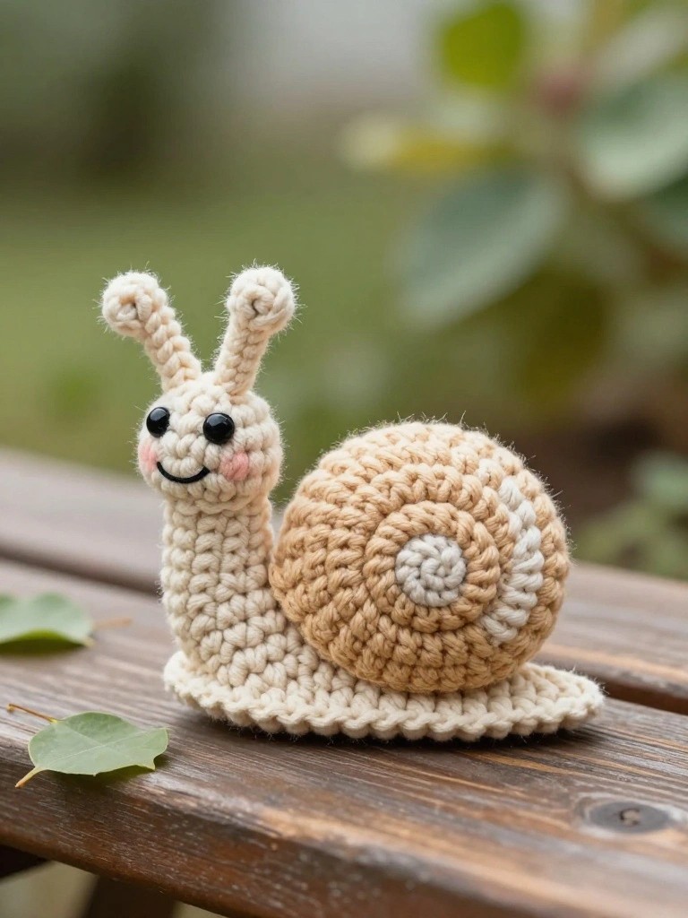 A small crocheted snail with a beige spiral shell and simple body rests on a wooden table.