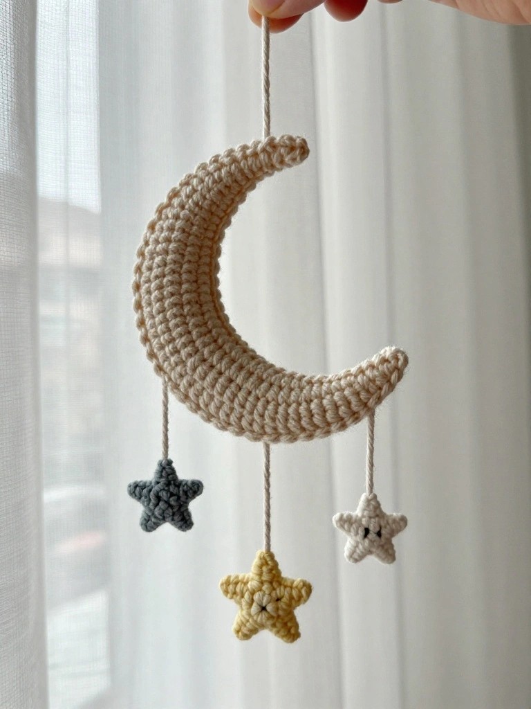 Hand holding crocheted beige crescent moon with gray, yellow, and white stars.