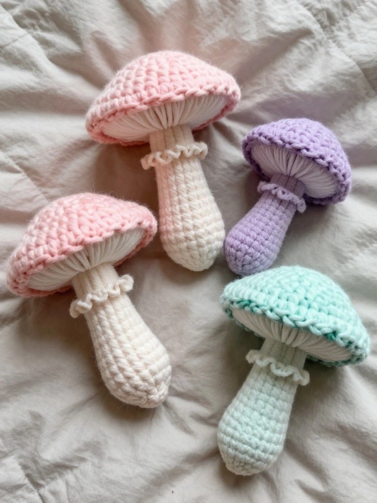 Four pastel crocheted mushrooms on a white quilted fabric surface
