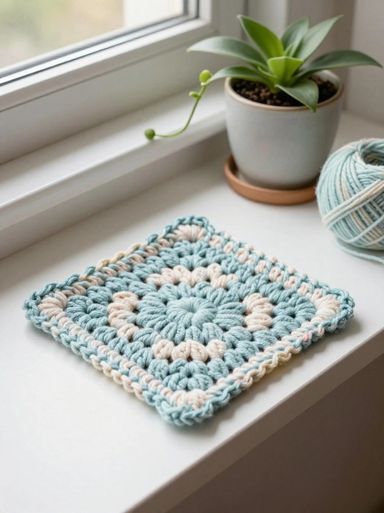 Blue and cream crocheted square on windowsill beside potted plant and yarn ball