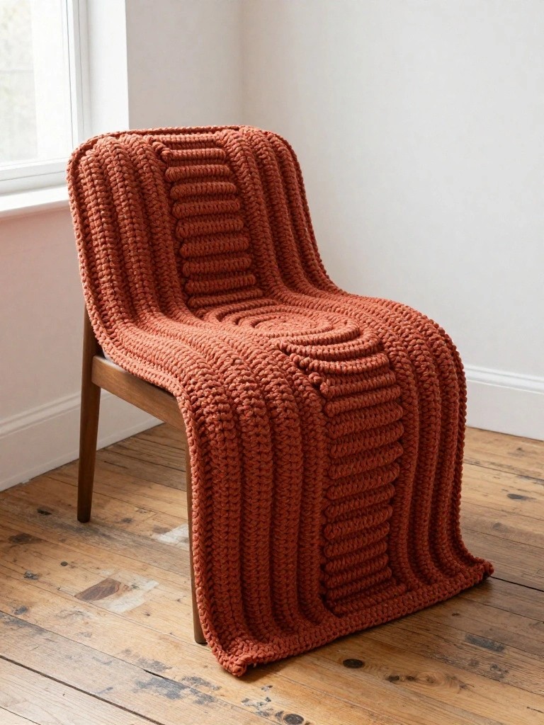 Rust-orange chunky knit blanket draped over wooden chair on hardwood floor.