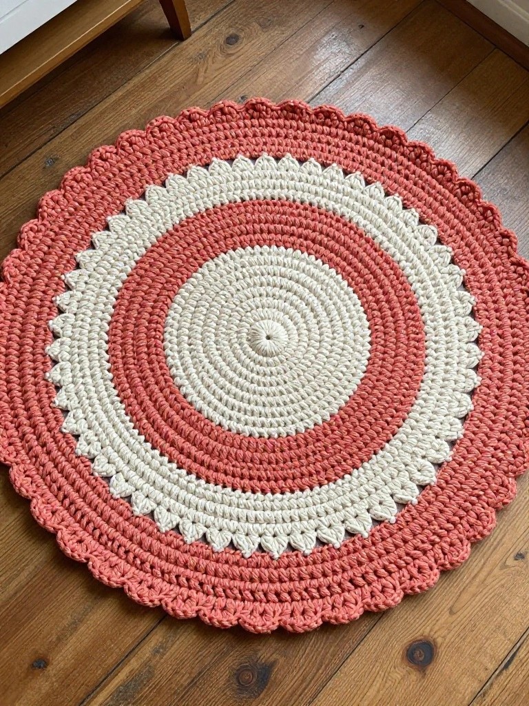 Round pink and white crocheted rug with scalloped edges on wooden floor